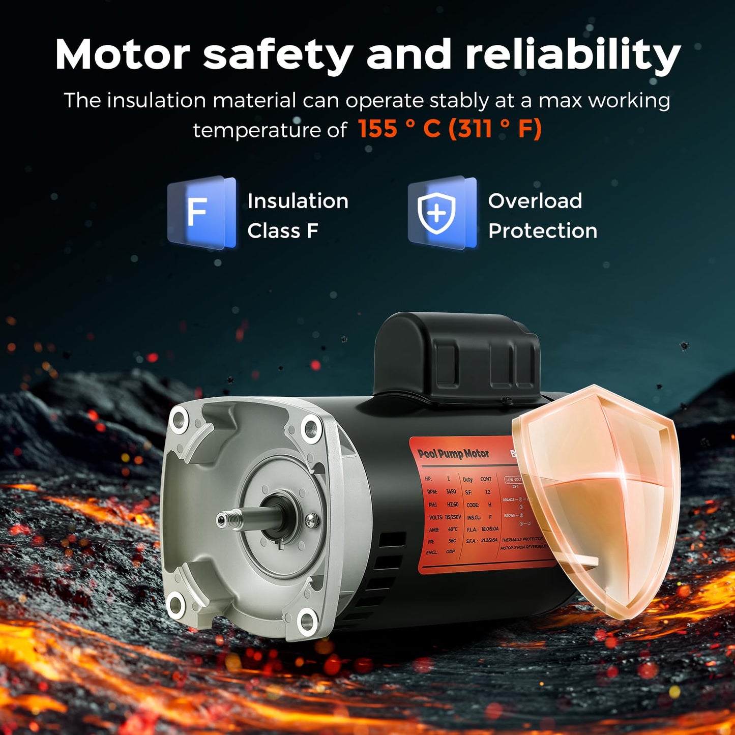 Bonvoisin 1.5HP Pool Pump Motor 56Y Frame 3450 RPM CCW Rotation Square Flange Replacement Motor with 80μF/300V Capacitor for Above Ground and Underground Swimming Pools 115V/230V