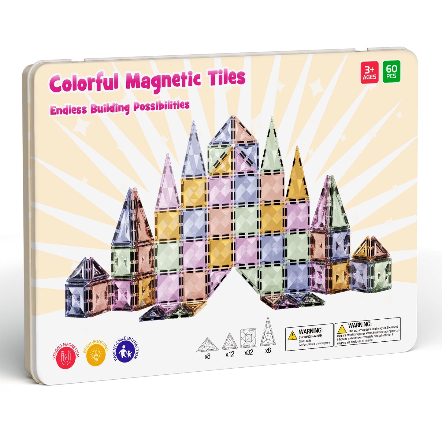 Magnetic Tiles for Kids Ages 4-8, Magnetic Blocks Travel Set with Diamond Surface & Metal Storage Box, 60PCS STEM Learning Toys, Educational Building Gifts for 3-8 Year Olds