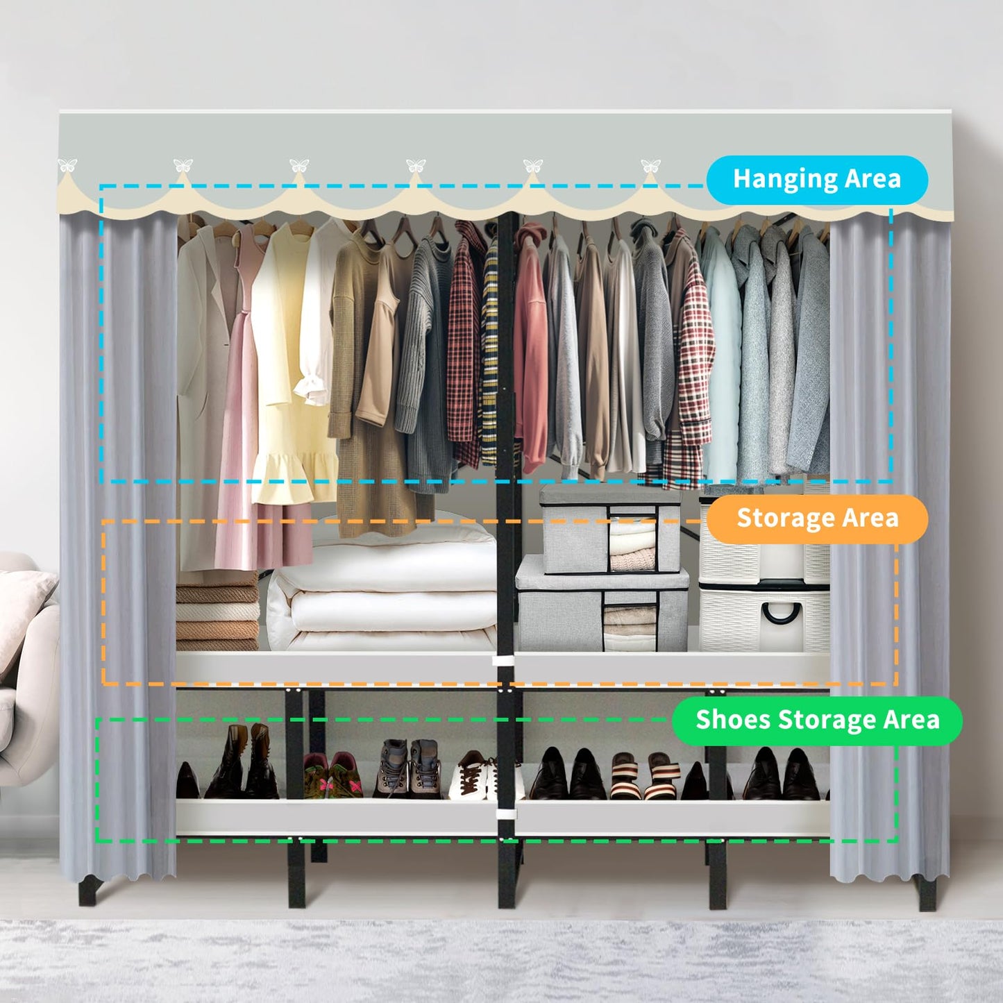 Portable Closet Rack Heavy-Duty Foldable Garment Racks with Cover 1200lbs Enclosed Wardrobe Closet with Independent Area for Hanging Clothes Storaging of Bedding (66in*20in*67in)