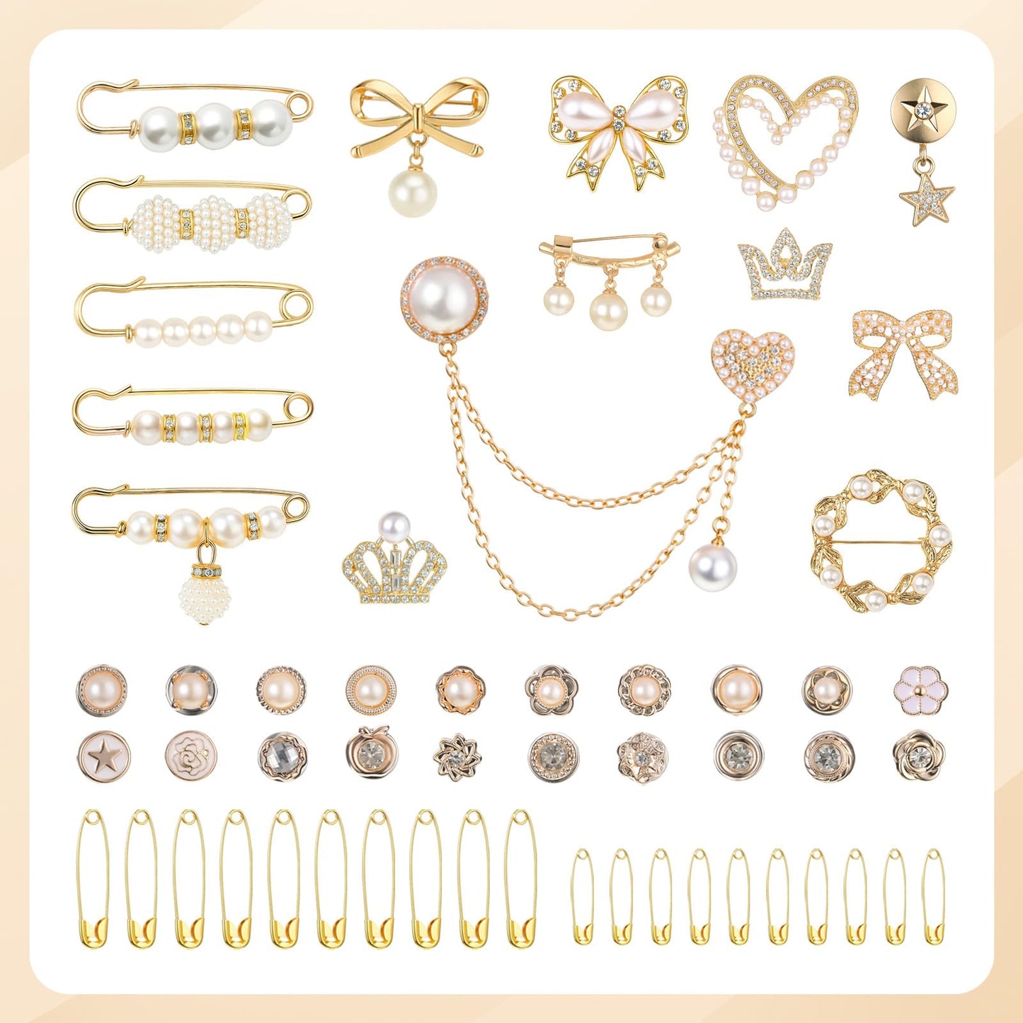 Suncalla 1499 Pcs Junk Socks Charms Kit Gold Brooches and Pins for Women, Pearl Patch Rhinestone Charms with Safety Pins DIY Accessories for Socks Dress Clothes Hats Shoes Scarf Shawl Decoration