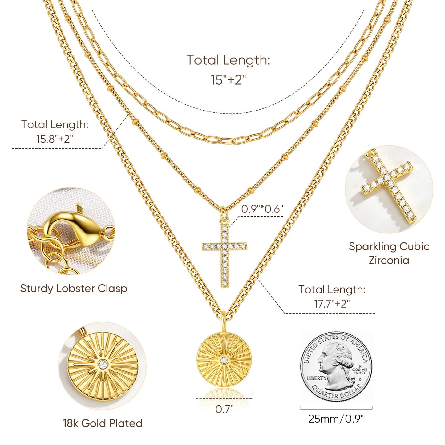 Gold Layered Necklace for Women - 3Pcs 18K Gold Plated Cross Necklaces, Stainless Steel Stackable Necklace Cuban Link Paperclip Chain Trendy Jewelry, Herringbone Choker Christmas Birthday Gift for