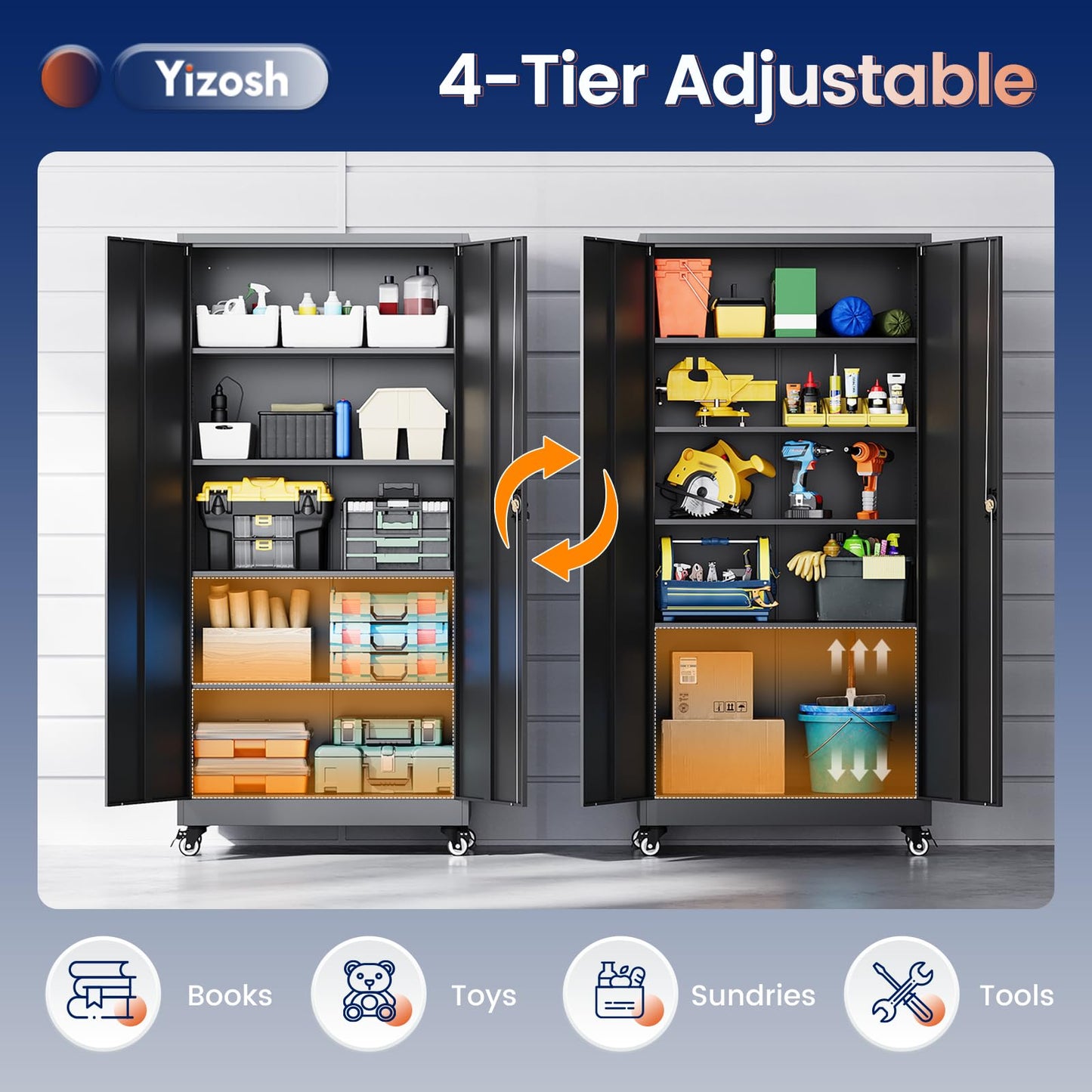 Yizosh Metal Garage Storage Cabinet with Locking Doors and Adjustable Shelves,- 75" Rolling Steel Tool Cabinet for Home Office,Garage,Warehouse