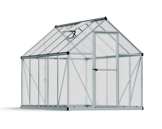 Palram - Canopia 6x10 Greenhouse Kit, Hobby Walk-In Twin-Wall UV Polycarbonate Heavy Duty Aluminum Frame, Lockable Door, Adjustable Roof Vent, Rain Gutters, Galvanized Steel Base, Mythos (Silver)