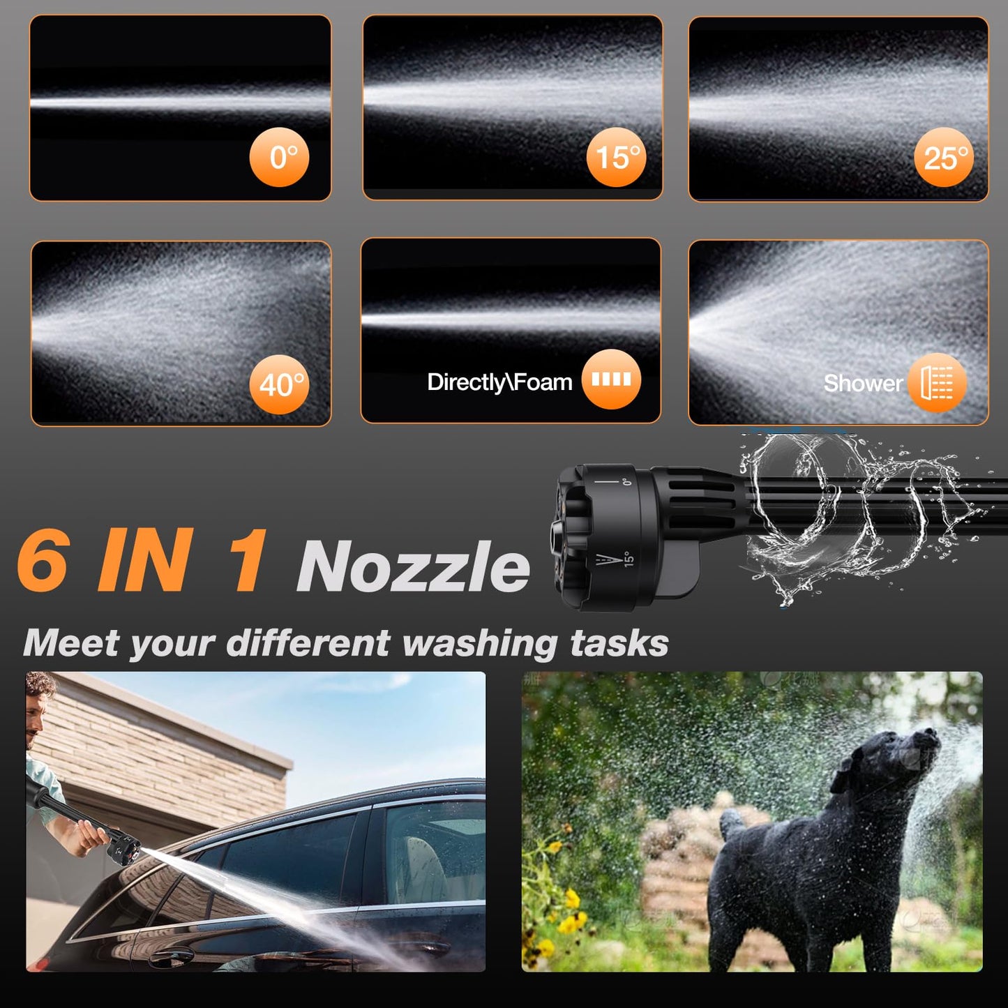 Muzisst Cordless Pressure Washer, 900PSI Portable Power Washer, hidrolavadora portatil, 3.0Ah Battery Powered Pressure Washer with 6-in-1 Nozzle, Handheld Pressure Car Washer for Car/Yard/Garden