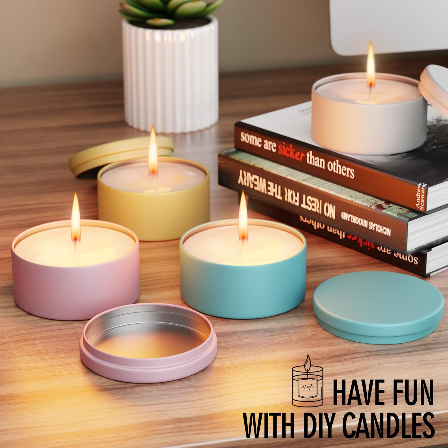 Domivirgo 24 Empty Candle Tins 8 oz with Lids for Making Candles - Simple Candle Making Kit, Include Wicks, Holders & Stickers, Labels, Pink Ribbon,Gift Box & Card and Transparent Bags (Colorful)