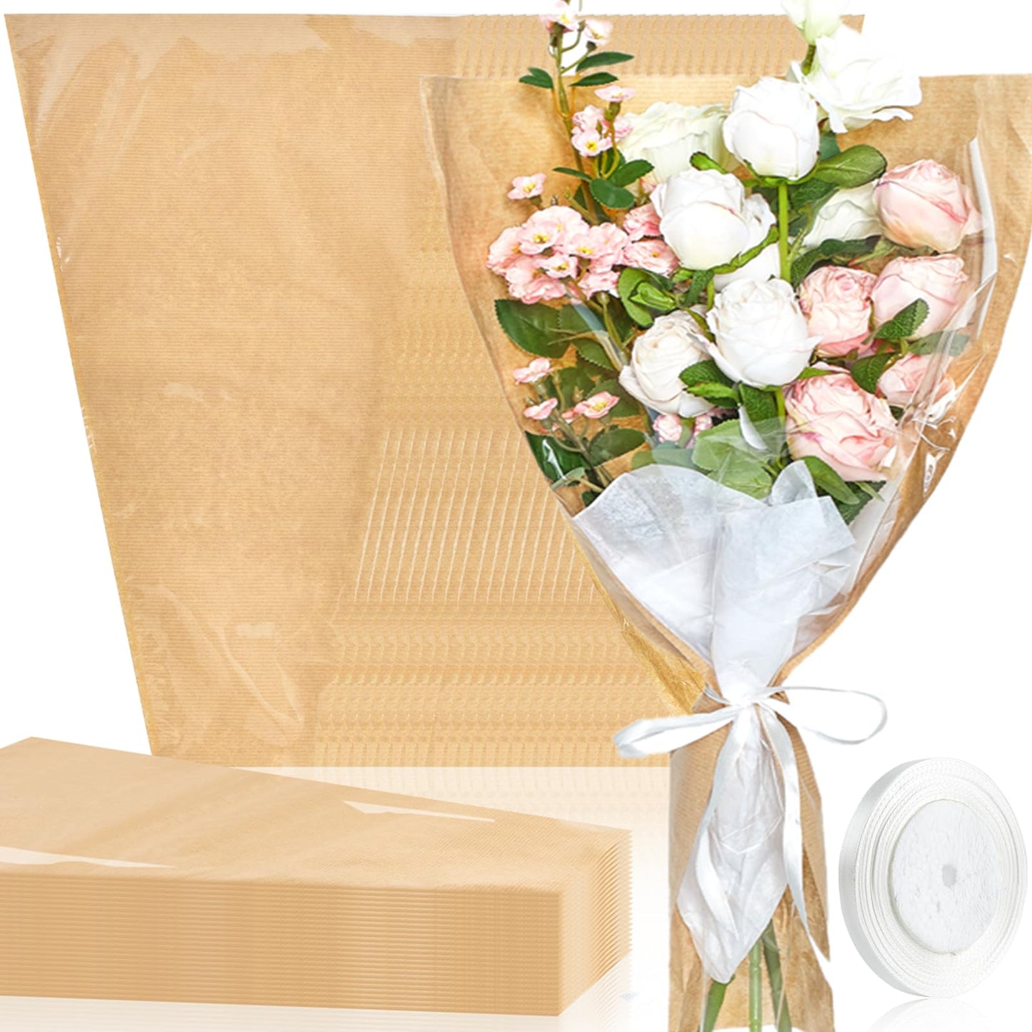 Jutieuo 50 Pcs Flower Bags for Bouquet, Flower Wrapping Kraft Paper Floral Sleeve Bouquet Bags with Ribbons for Florist Supplies Wedding Birthday Mother's Day, 14x22 Inches