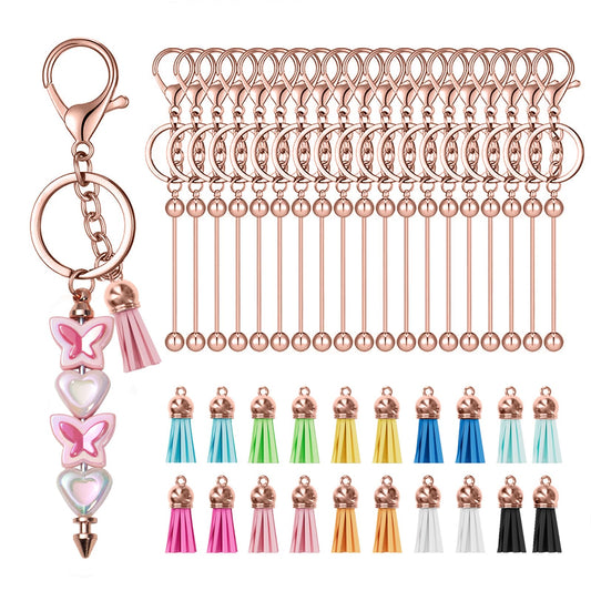 40 Pcs Beadable Keychain Bar, Golden-Pink Beaded Keychain for Pendant DIY and Colorful Leather Tassel Loose, Alloy Keychain Accessories Bulk for Keychain Supplies Jewelry Making Gift (Gold-Pink)