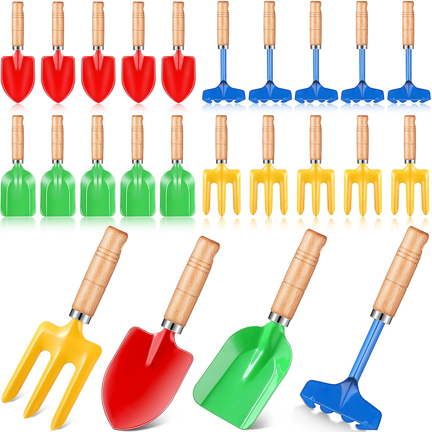 Motionchic 8" Kids Gardening Tools, Metal Beach Sandbox Digging Toys with Wooden Handle, Including Shovel, Rake, Fork and Trowel, Garden Sand Snow Tools for Children Gift Outdoor Gardening(24 Pcs)