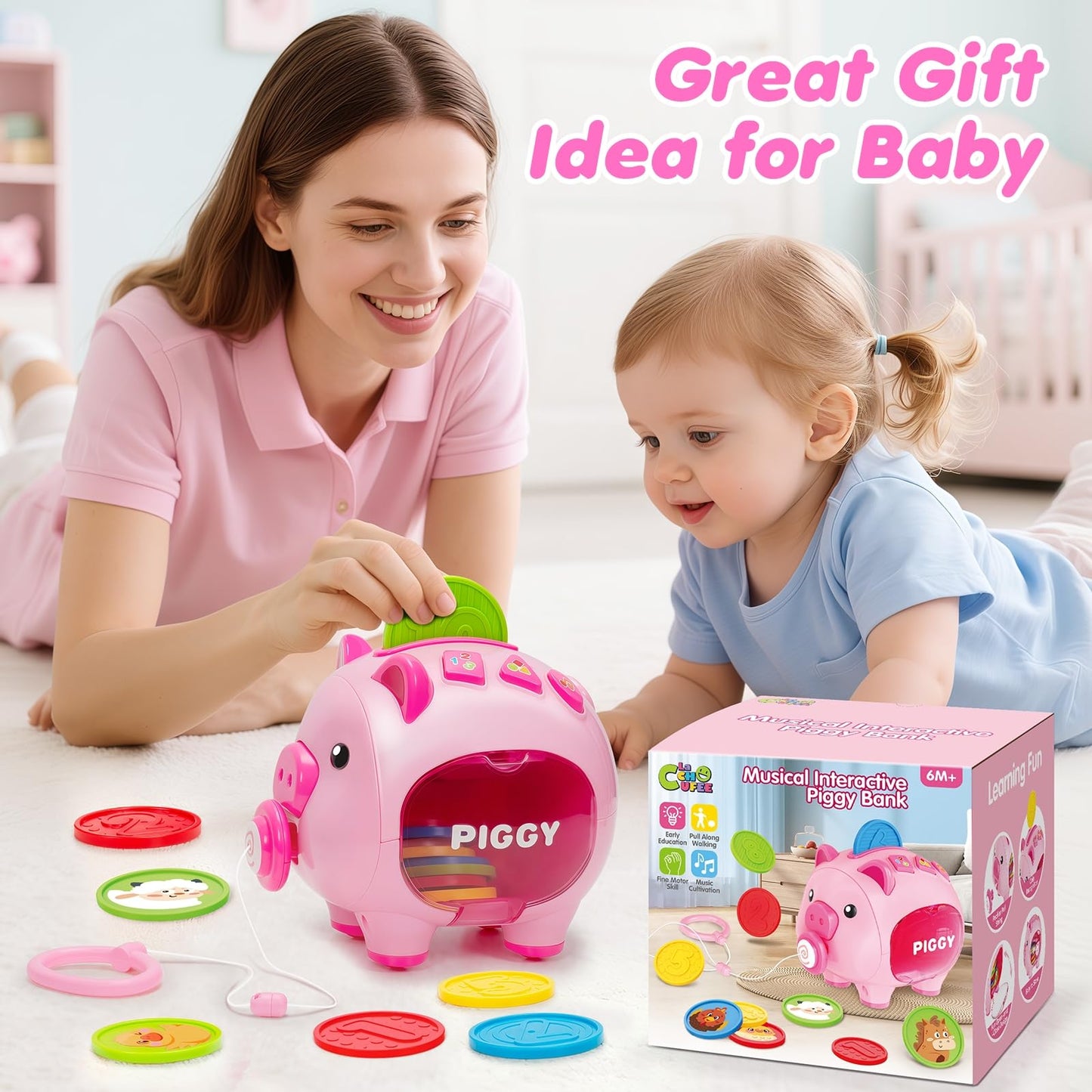 Musical Piggy Toys for 1 Year Old Girl Gift, Piggy Bank with Educational Number, Color, Animal Coin for Baby Interactive Toy 6-12-18 Month, Christmas 1st Birthday for 7 8 9 10 Month Old Girl Boy