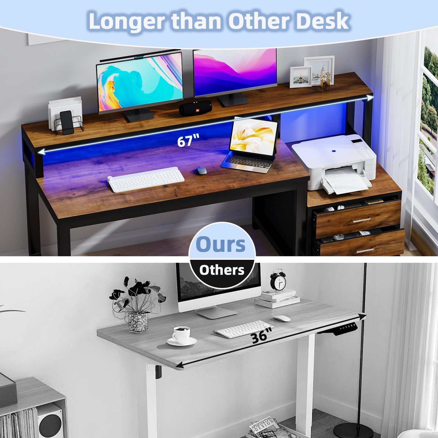 MaverickFurni 67'' Computer Desk with Drawers, Black Desk with Storage and Monitor Stand, Home Office Desk with LED Lights, Black and Walnut