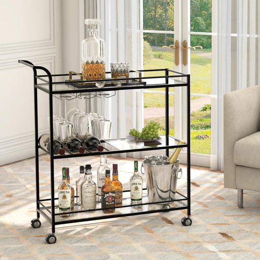 Alihdrna Black Bar Cart, Home Bar Serving Cart with Handle, Wine Cart with 3-Tier Glass Shelves, Beverage Cart with Wine Rack and Glass Holder, Bar Carts for The Home, Dining Room, Living Room