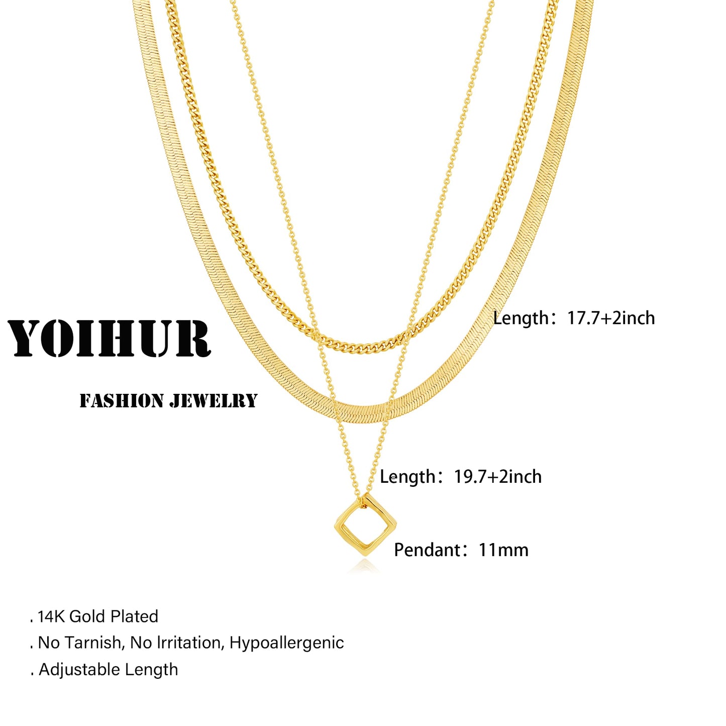 YOIHUR Layered Gold Necklaces for Women, 14K Gold Plated Cuban Snake Chain Necklace Trendy Layering Square Pendant Choker Necklace Set Jewelry for Women