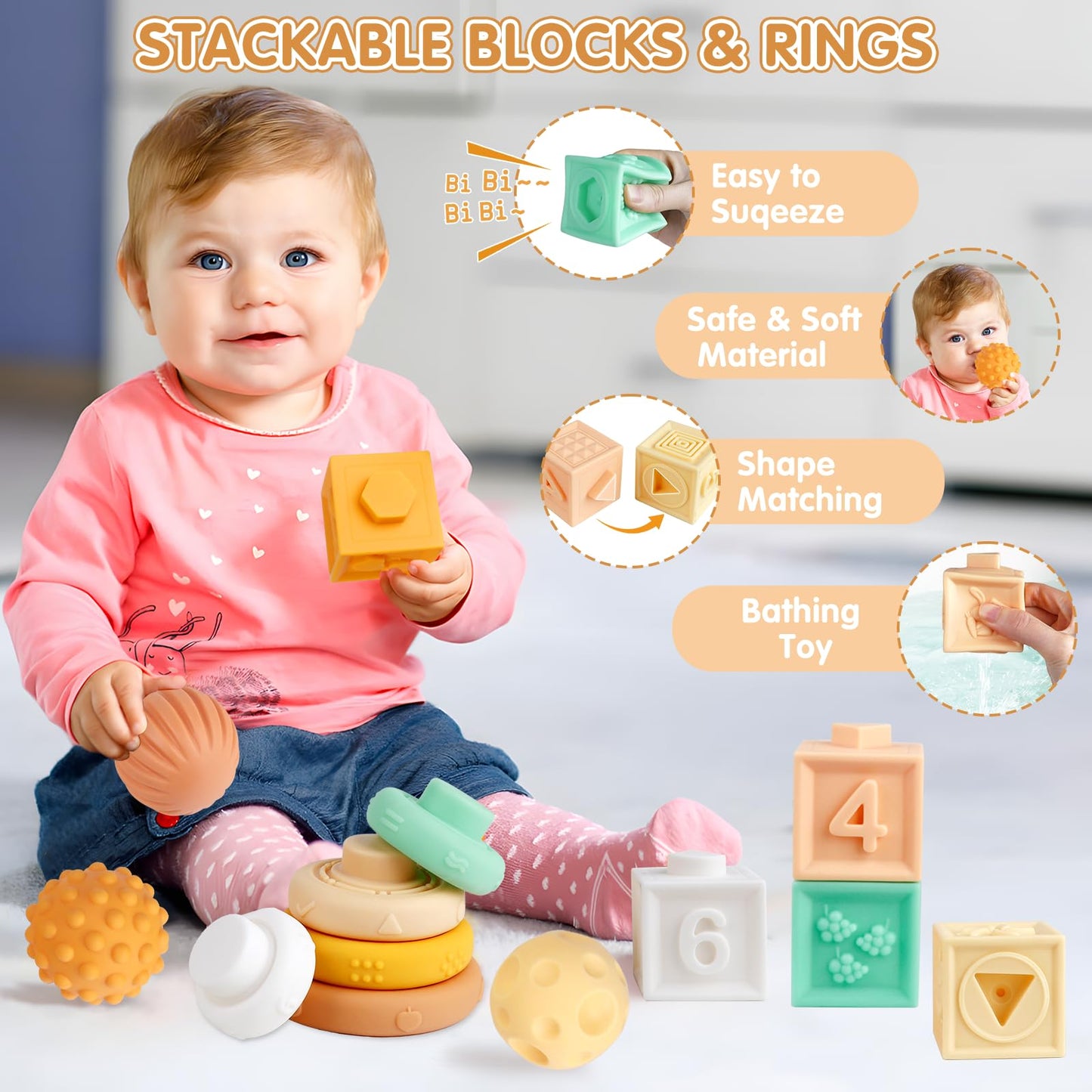 Wuzhineisn Baby Toys 6-12 Months Montessori Toys 6 in 1 Musical Instruments for Toddler, Stacking Blocks Development Learning Educational Toy with Wooden Xylophone Infant Baby Birthday Easter Gift