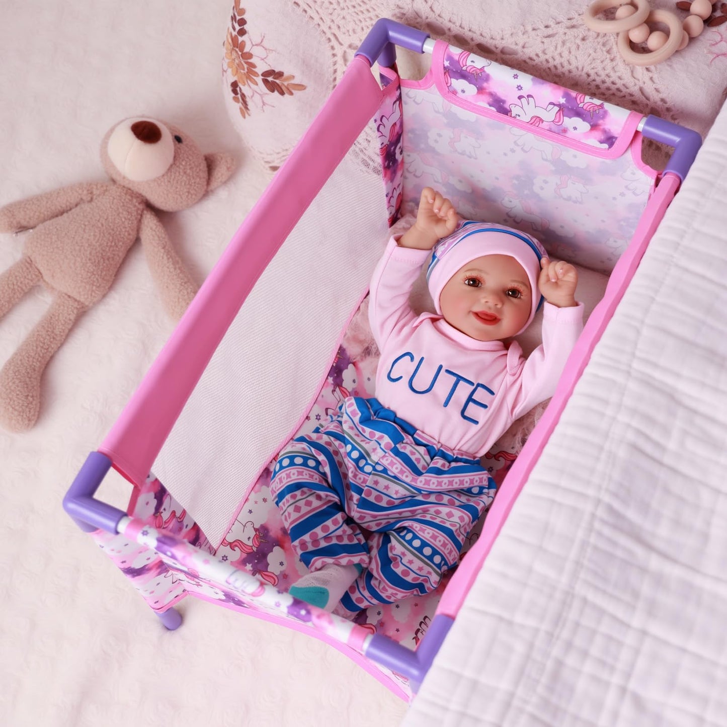 BABESIDE Baby Doll Crib Set for 18 Inch Dolls, Foldable Baby Doll Bed Playpen Toy Crib with Storage Bag for Reborn Baby Doll Accessories, Purple Babydoll Crib