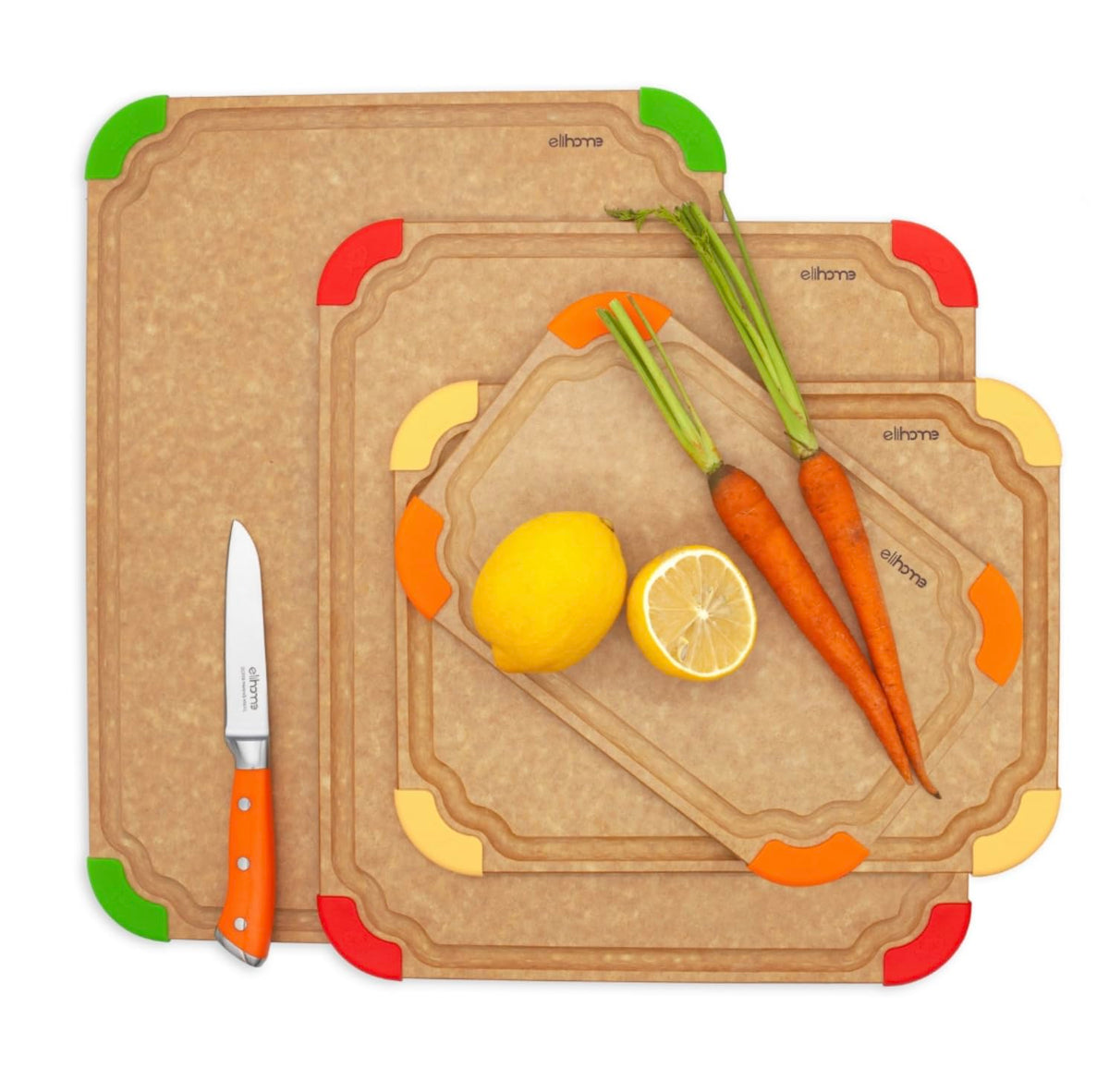 Elihome Premium Series 4-in-1 Kitchen Cutting Board Set, Non Slip Feet, Color Coded with Food Icon, Natural Wood Fiber, Dishwasher Safe, Eco-Friendly, Juice Grooves,Non Porous, BPA Free, Made in USA