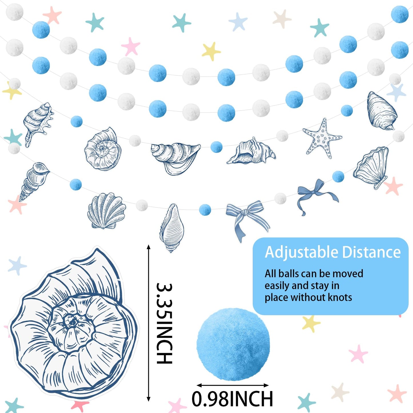 Frienda 3 Pcs Seashell Blue and White Felt Ball Garland Pom Pom Banner Carnival Themed Felt Ball Decoration for Backdrop Birthday Luau Mexican Tropical Party Christmas Decoration