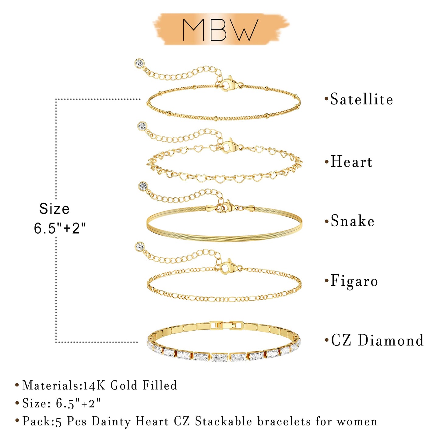 MBW 14K Gold Plated Bracelets for Women, Dainty Tennis Bracelet Set Stackable Bracelets CZ Tiny Cute Heart Figaro Link Chain Bracelet Minimalist Waterproof Jewelry for Women Trendy