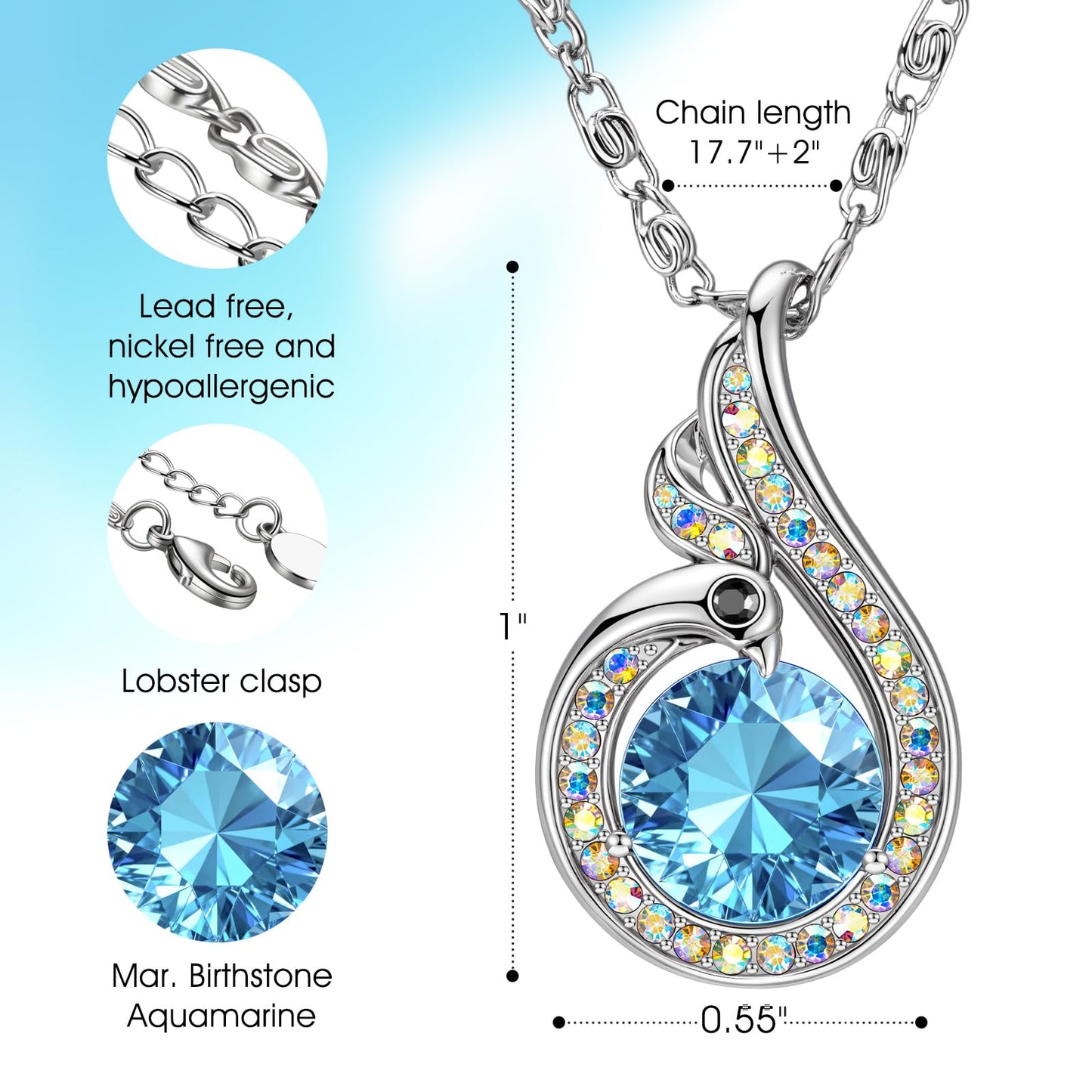 Kate Lynn Phoenix Birthstone Necklaces for Women Pendant Necklace Crystal Jewelry, Birthday Gifts for Women Wife Girlfriend Mothers Day Gift for Mom Daughter Unique Lady Christmas Jewelry Gift for Her, March Birthstone Aquamarine Necklace