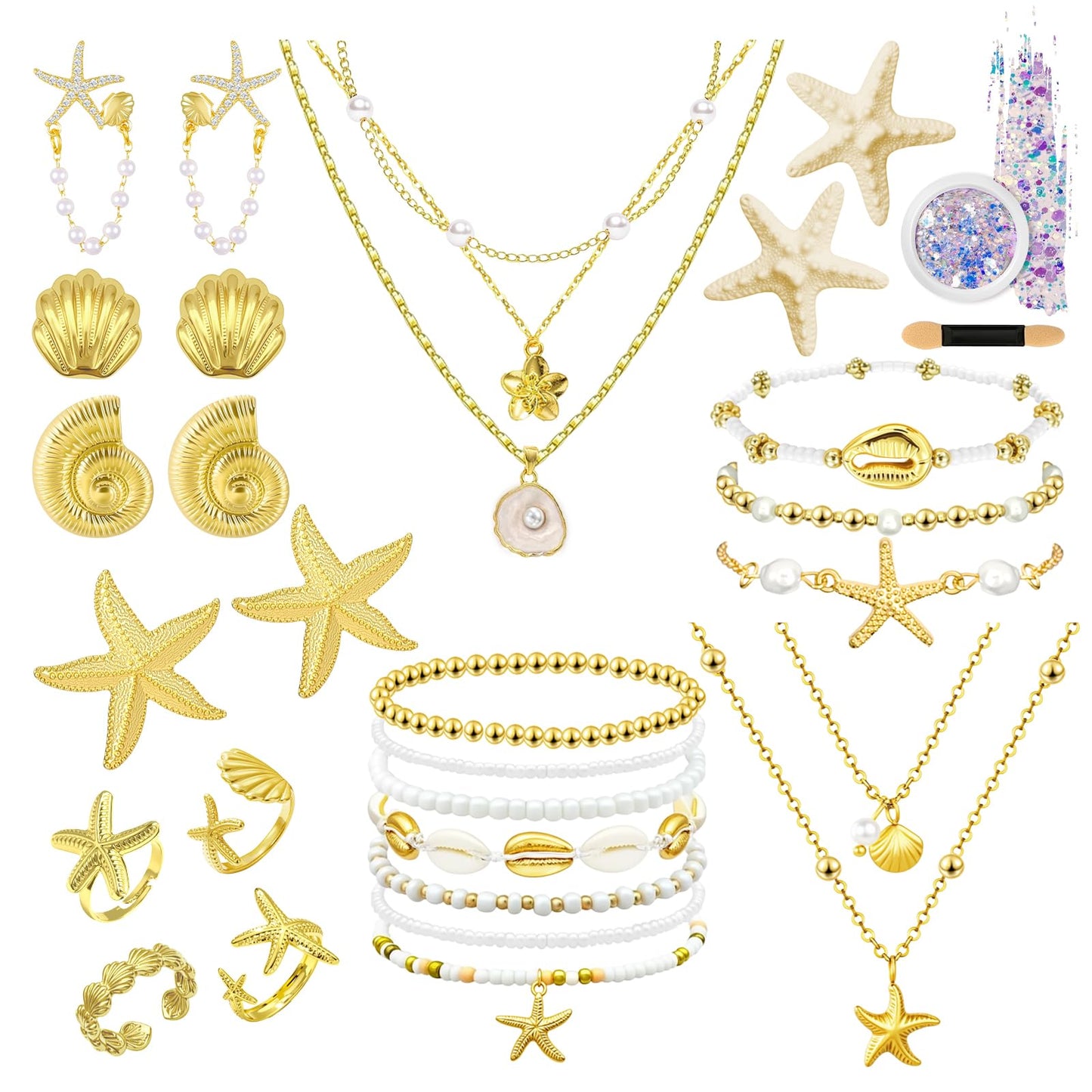 30 Pcs Seashell Starfish Jewelry Set for Women Beach Summer Vacation Jewelry Seashell Starfish Boho Layer Necklace Bracelets White Anklet Stackable Shell Starfish Rings Hair Clip Halloween Mermaid Accessories