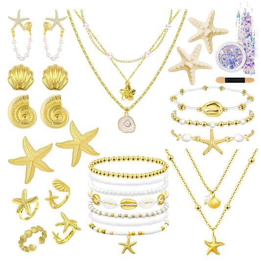 30 Pcs Seashell Starfish Jewelry Set for Women Beach Summer Vacation Jewelry Seashell Starfish Boho Layer Necklace Bracelets White Anklet Stackable Shell Starfish Rings Hair Clip Halloween Mermaid Accessories