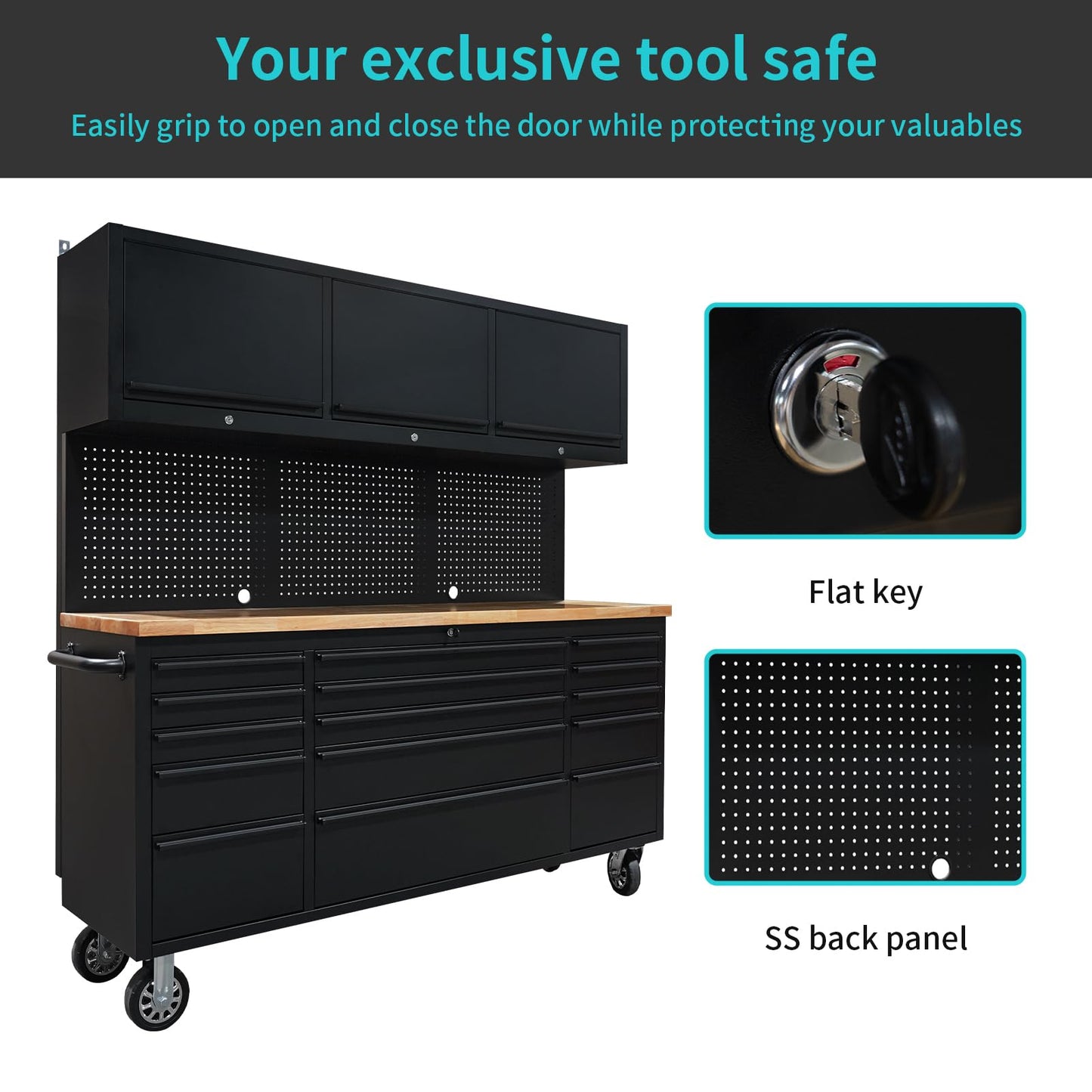 CHETTO C 72 inch Tool Chest Tool Box Mobile 15 Drawers Storage 3 Upper Cabinets SS-Pegboard Rolling Cabinet with Wheels Lock Key Locking System Drawer Liners for Garage Warehouse Repair Shop Black