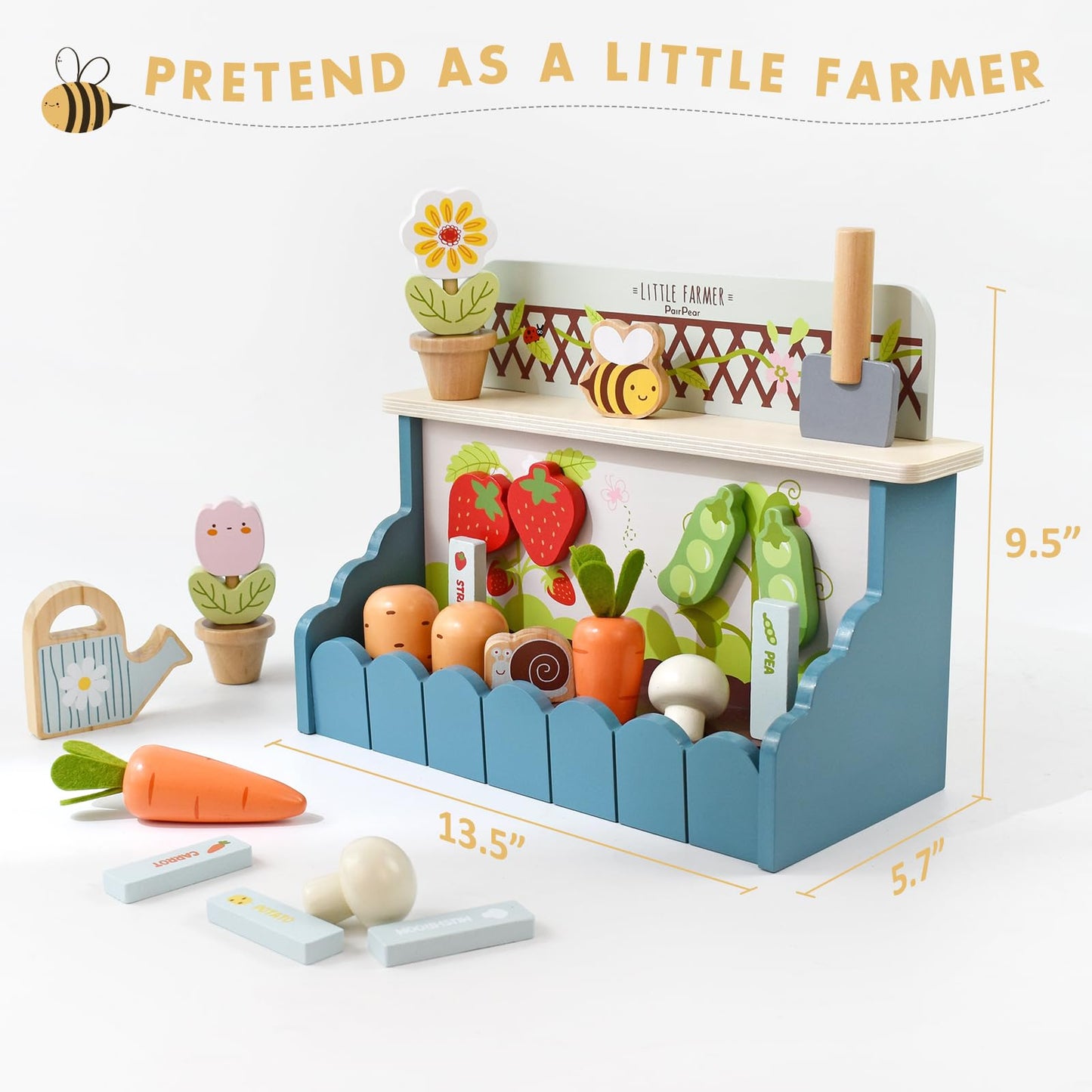 PairPear Montessori Wooden Vegetable Matching Toy – Play Food Garden Set for Toddlers 3+, Preschool Learning Sorting & Farm Pretend Play, Farm Food Recognition & Fine Motor Skills Development