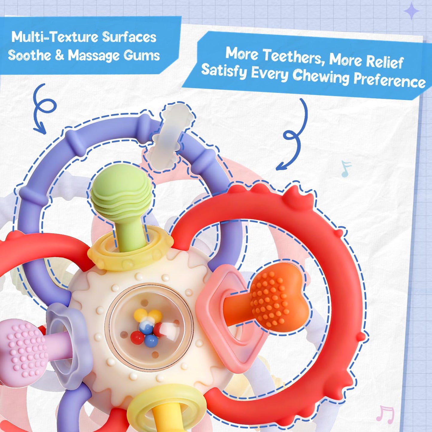Baby Sensory Teething Toys 0-6 6-12 Months, Multi-Functional Baby Teether & Rattle Toy, BPA-Free Silicone Baby Chew Toy for Teething Relief, Ideal Newborn Infant Shower Gifts for Boys Girls