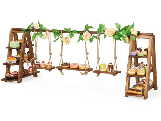 3 Tier Wooden Cupcake Stand with Swing & Flower Decor, Dessert Table Display Set with Removable Trays for Cake Fruit Snack Bread, Rustic Foldable Ladder Stand for Party, Birthday, Wedding & Events