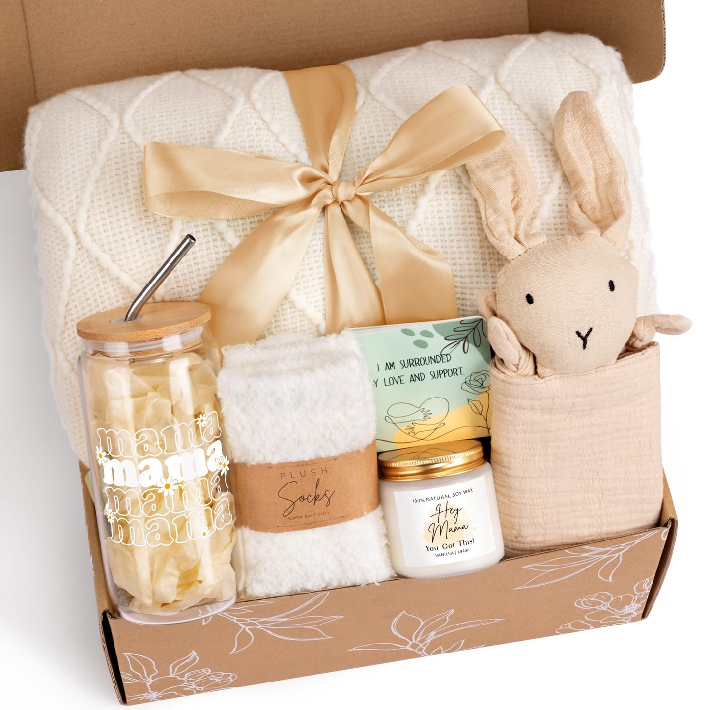 New Mom Gifts, New Mom Care Package After Baby, Baby Shower Gifts for Mom to Be, Pregnancy Gifts for Expecting Mother, Unique 16OZ Mama Glass Cup Knitted Blanket Gift Baskets for Women (White)