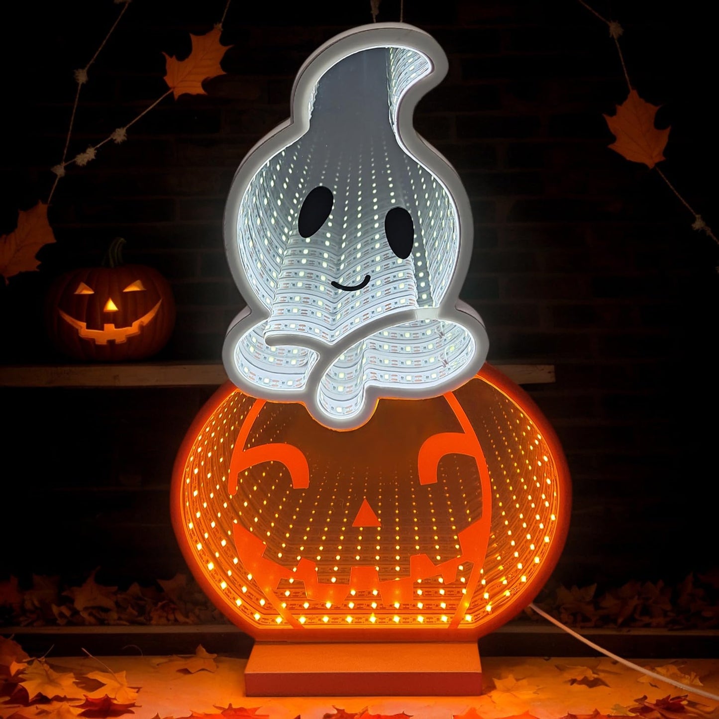 DUOMY DÉCOR LED Halloween Pumpkin Light, Cute Neon Pumpkin and Ghost Sign Decor,11.57 Inch Halloween 3D Infinity Lights with USB Powered for Table, Room, Party Decoration