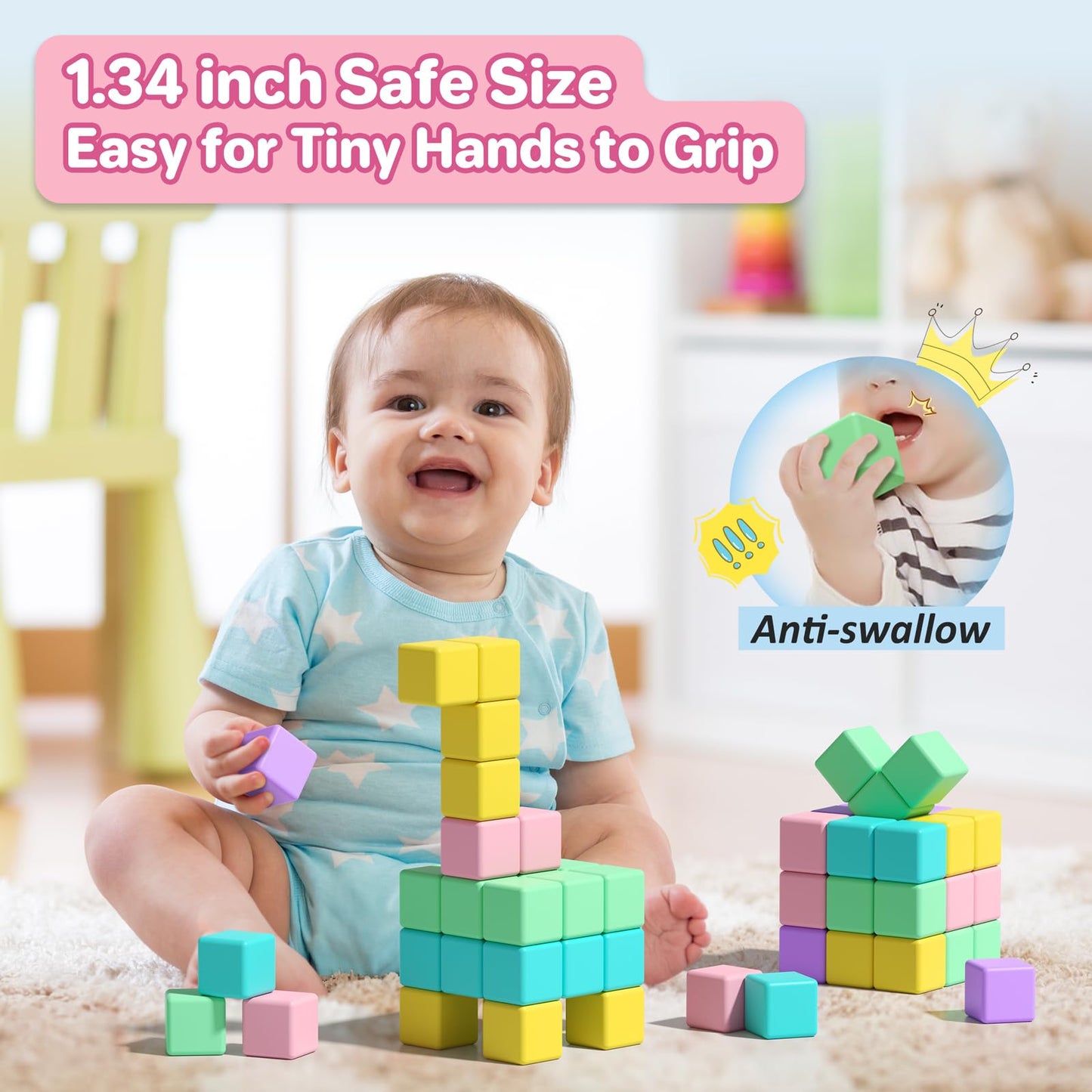 Asago Magnetic Blocks for Toddlers, 1.34in Macaron Magnetic Building Cubes for Kids Ages 1-3, Stem Preschool Stack Construction Educational Toys for 3+ Years Old Boys Girls