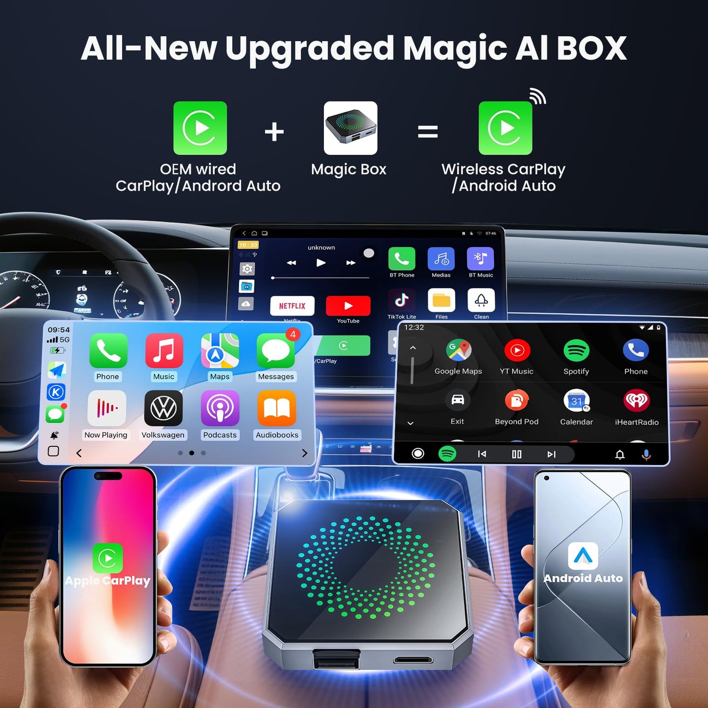 5-in-1 Wireless CarPlay & Android Auto Adapter with Netflix/YouTube, [Supports 4K HDMI Output & Screen Mirroring] - Plug & Play Car Play Wireless Smart AI Box for Cars with OEM Wired CarPlay/Auto
