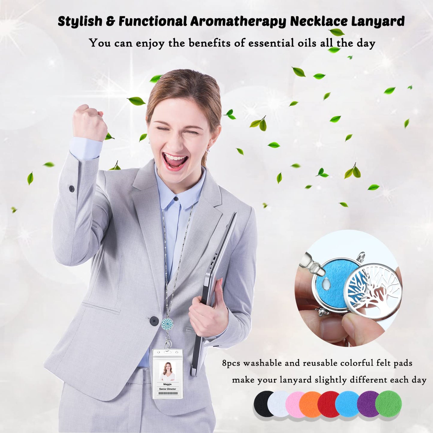 USANGERS Lanyards for ID Badges Women ID Badge Holder with Lanyard Keychain Long Bling Stainless Steel Silver Chain Nurse Nursing Office Work Jewelry Diffuser Necklace Teacher Lanyard Gifts Flower