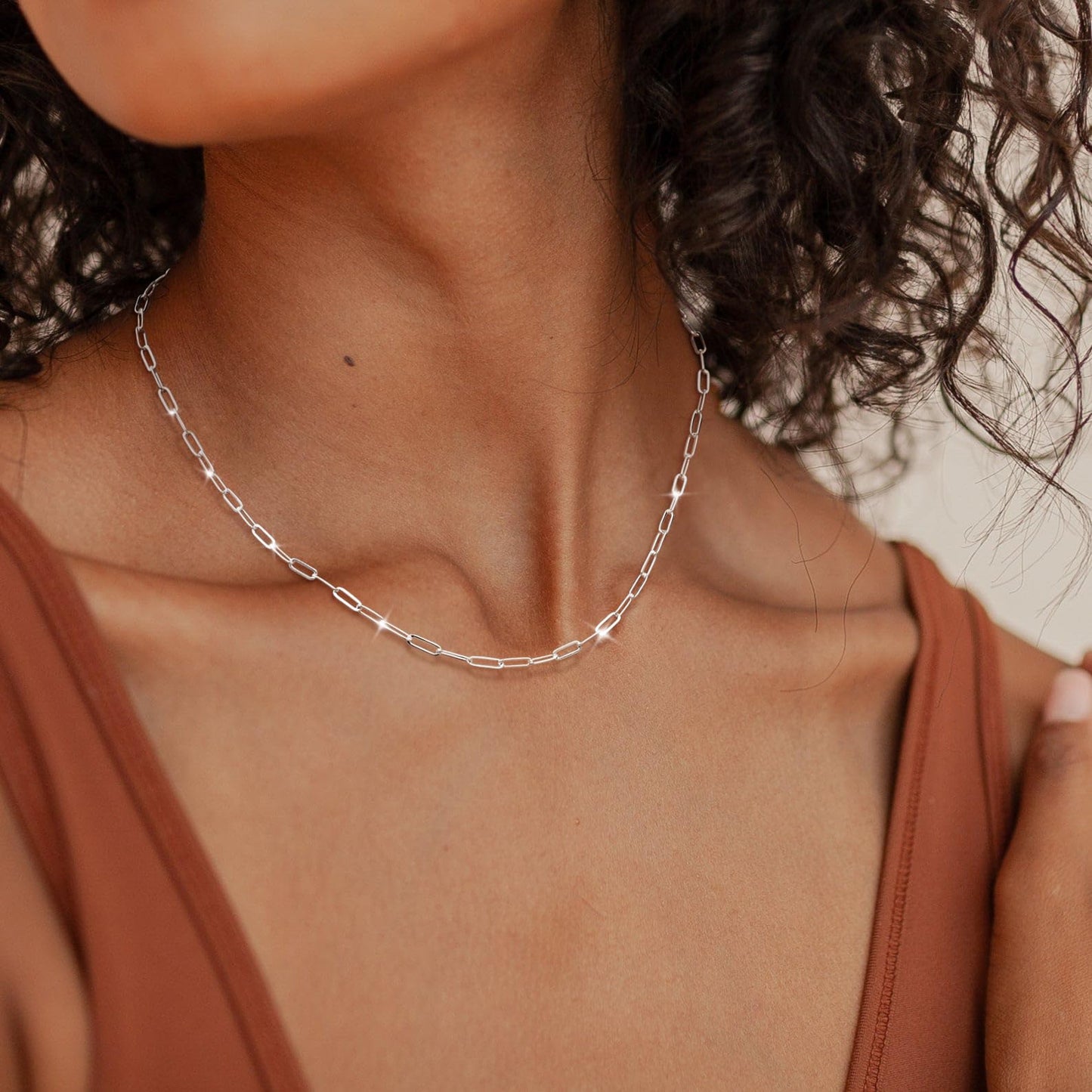 MBW Silver Simple Paperclip Chain Necklace, Dainty Sterling Silver Choker Necklace for Women Trendy 18in Waterproof Minimalist Thin Link Necklace Jewelry Gifts