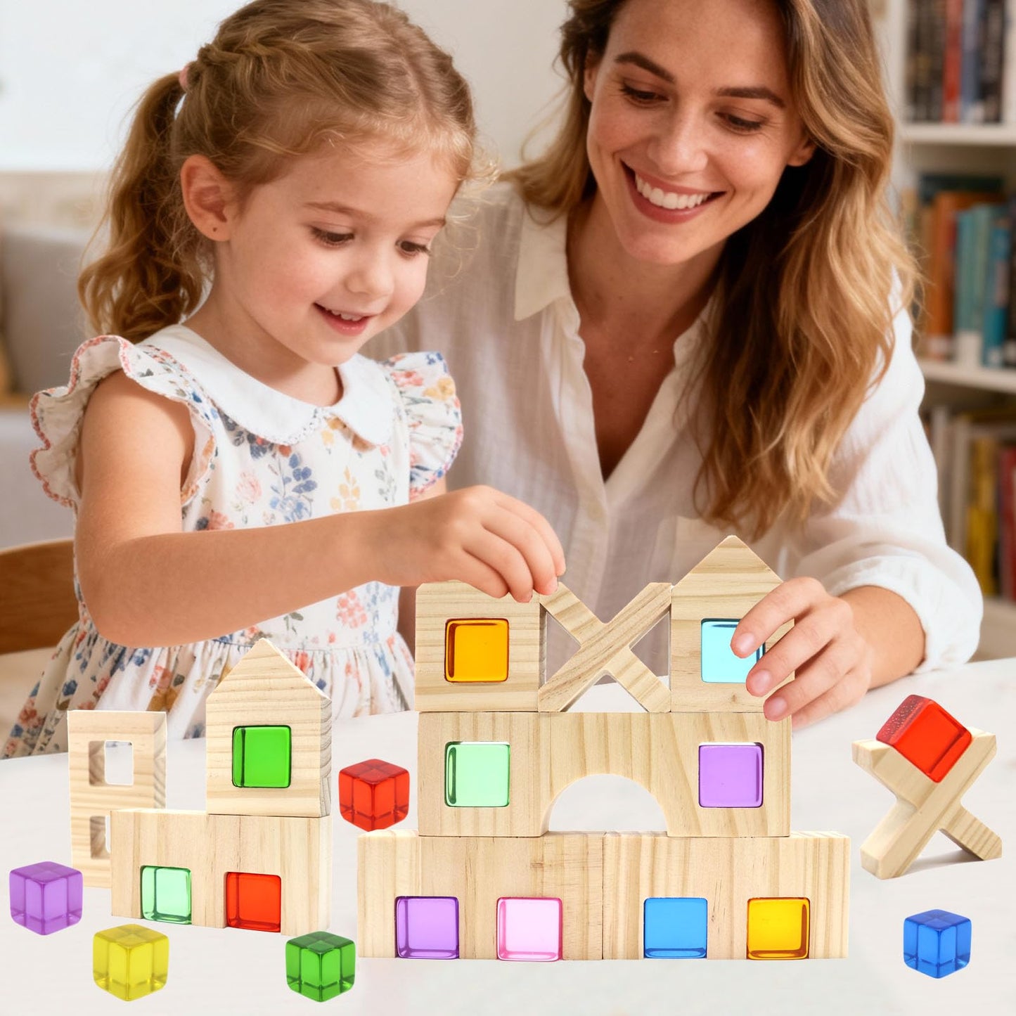 kuchisity Wooden Building Blocks Set for Kids, 60 PCS Rainbow Acrylic Gem Cubes Stacking Blocks, Montessori Stacking Toy for Toddlers Educational Toy Early Learning Gifts for Boys Girls 3-6 (60)