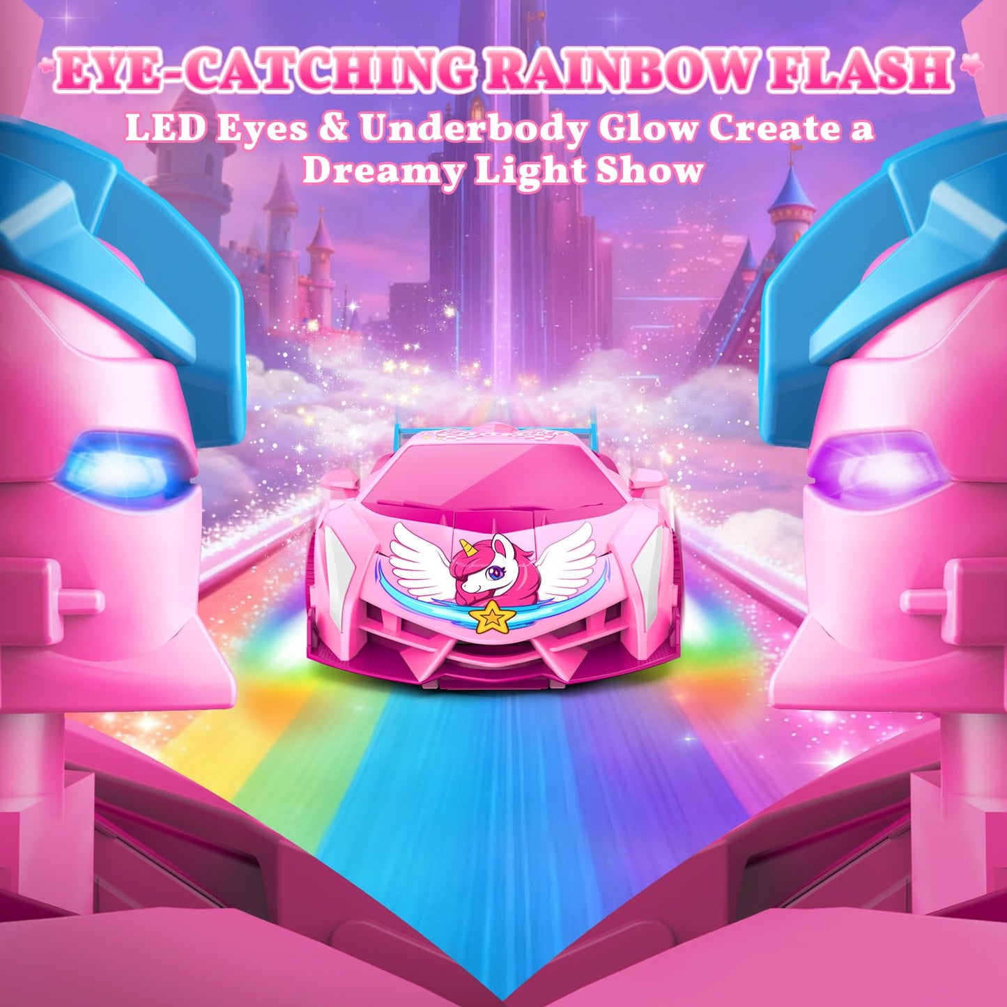 Unicorn Transform RC Cars for Girls Toys with Rainbow Eyes & Underbody Lights, Fast 360°Rotation&2.4GHz Robot Remote Control Car One-Button Deformation,Kids Toys Birthday Gifts for 3-12 Year Old Girls
