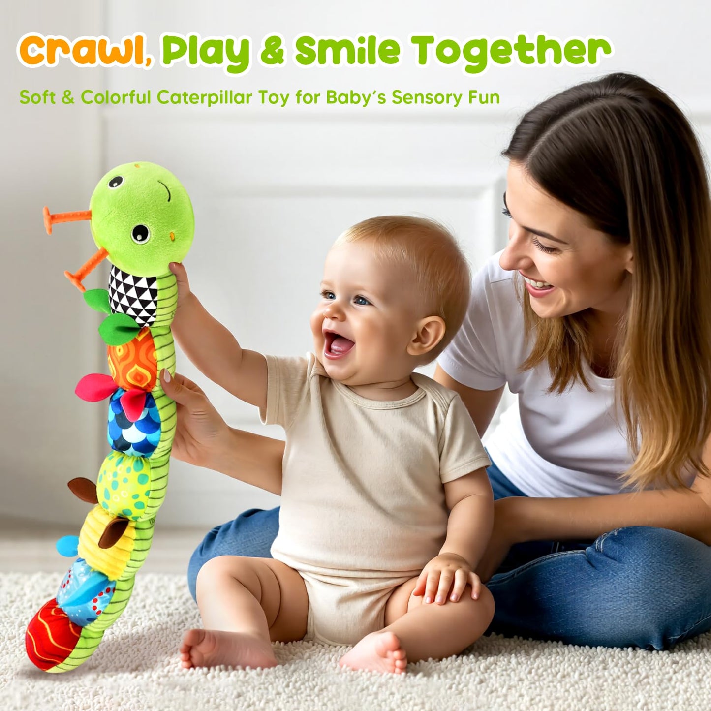 Baby Toys Musical Caterpillar, Infant Stuffed Animal for 0-6 6-12 Months with Crinkle and Rattles, Tummy Time Sensory Toys Newborn Boys Girls Gifts 0 3 6 9 12 Months - Green