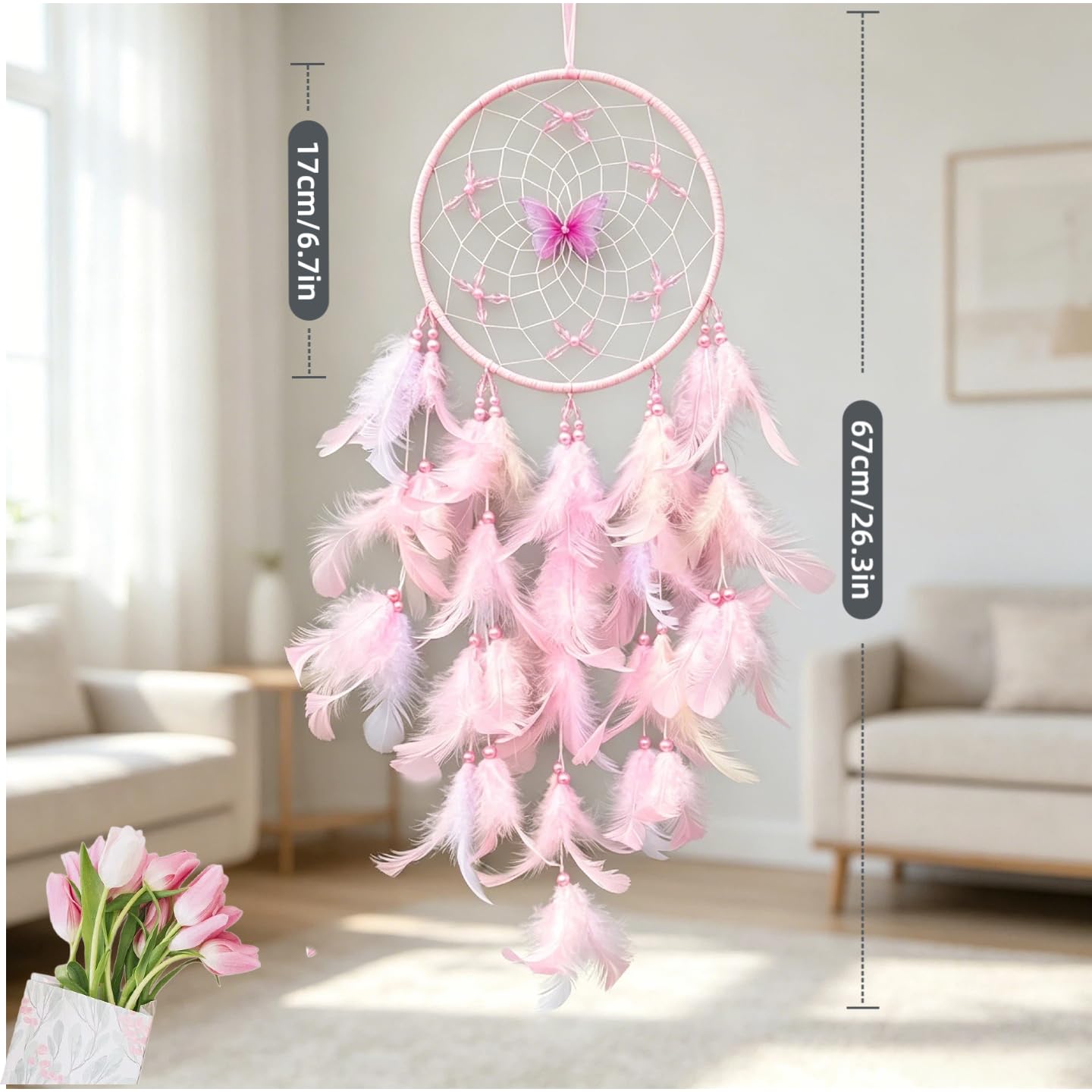 Zenwizvoy Pink Dream Catcher, Handmade Boho Wall Decor with Feathers and Butterfly, Dream Catcher for Bedroom, Nursery, Wall Hanging Ornament, Gift for Girls, Women