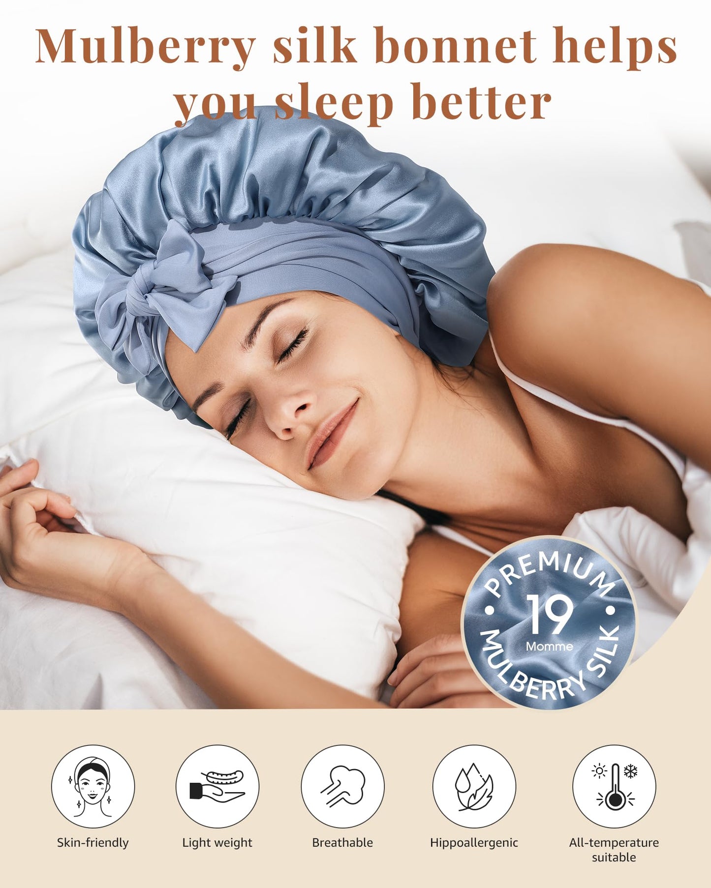 AWAYTR Silk Bonnet for Sleeping Women 100% Mulberry Silk Bonnet with Band 2 Layer Reversible Hair Bonnet Sleeping Hair Wrap (Silk, Haze blue/Sky blue)