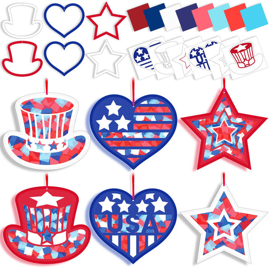 42 Packs 4th of July Suncatchers Crafts for Kids, Patriotic 250th Anniversary DIY Star Tissue Paper Sign Art Craft Kit Gift for Patriotic Religious Christian Classroom Church Activities Party Decor