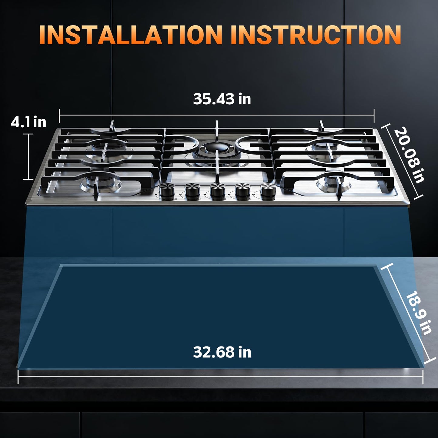 Gas Cooktop 36 Inch ROVLEP, Gas Stove Top Built-in 5 Burners Stainless Steel Total 37,600 BTU, NG/LPG Convertible Propane Cooktops Dual Fuel, RV Stove Top with Thermocouple Protect (36 INCH)
