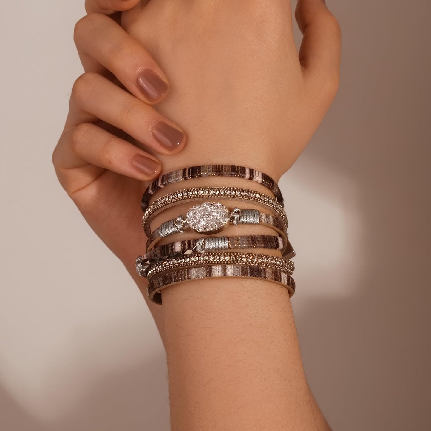 FANCY SHINY Boho Leather Wrap Bracelet Stackable Chunky Crystal Cuff Bracelets with Magnetic Clasp Cowboy Cowgirl Western Summer Beach Outfits Jewelry Gifts for Women (14.7", Boho Silver)