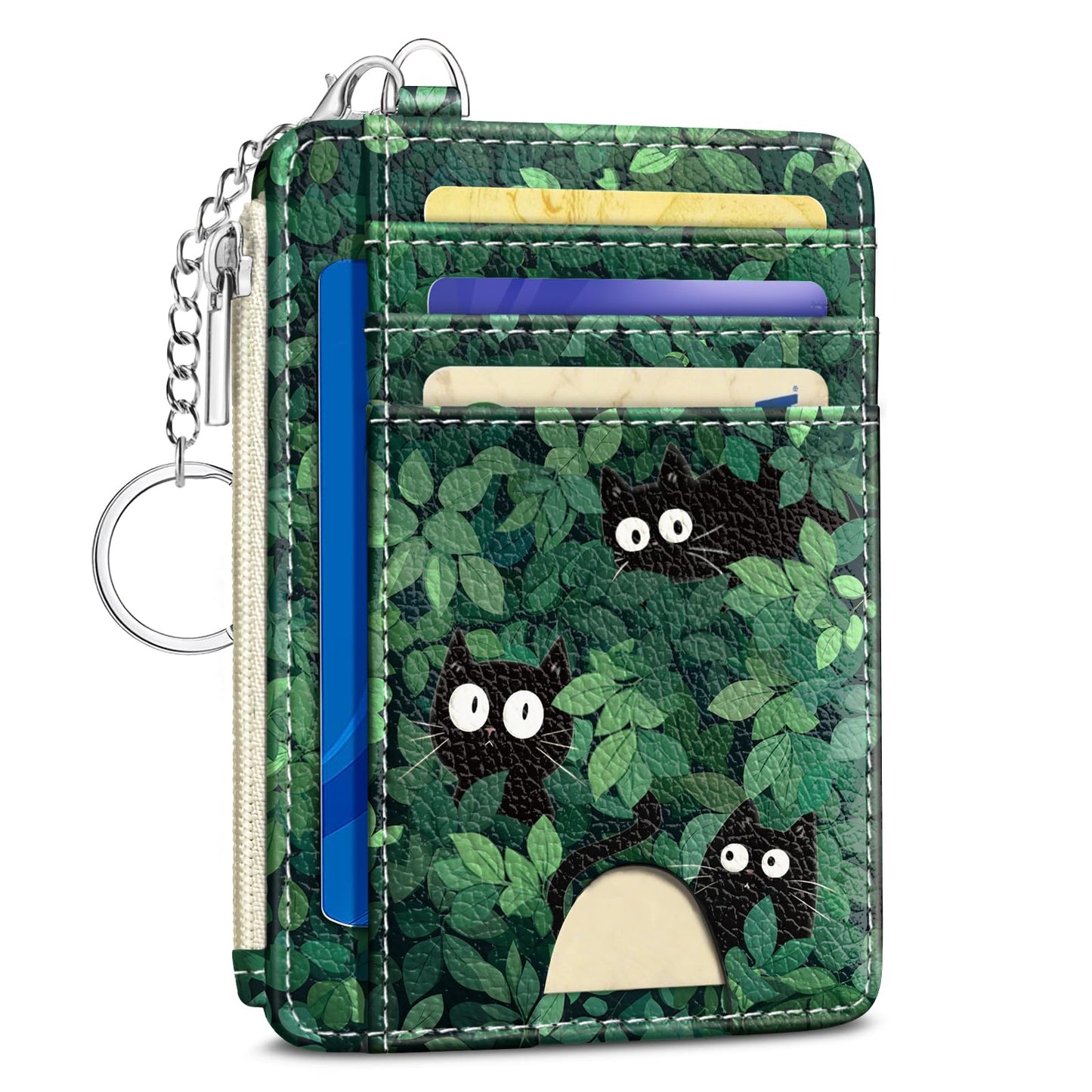 Cute Black Cat Credit Card Holder Small Wallet Women, Green Grass Slim RFID Blocking Wallet Woman Keychain with Zipper Coin Pocket, Front Pocket Thin Travel Card Case with ID Window for Ladies Gifts