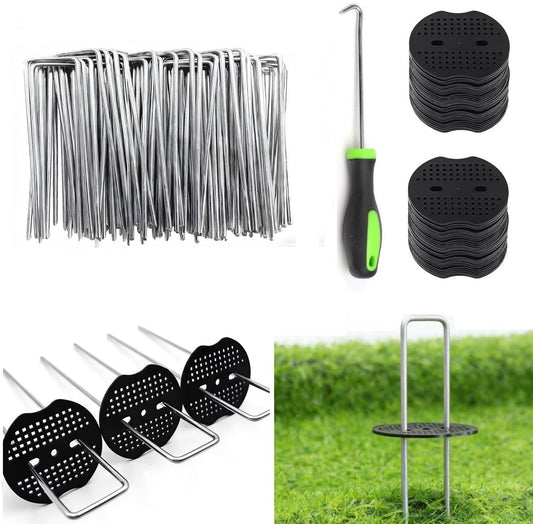 4 Inch 100 PCS Galvanized Landscape Staples with 100 PCS Gaskets, Landscape Fabric Pins Stakes Lawn Ground Cover Graden Staples Spikes Weed Barrier Stakes