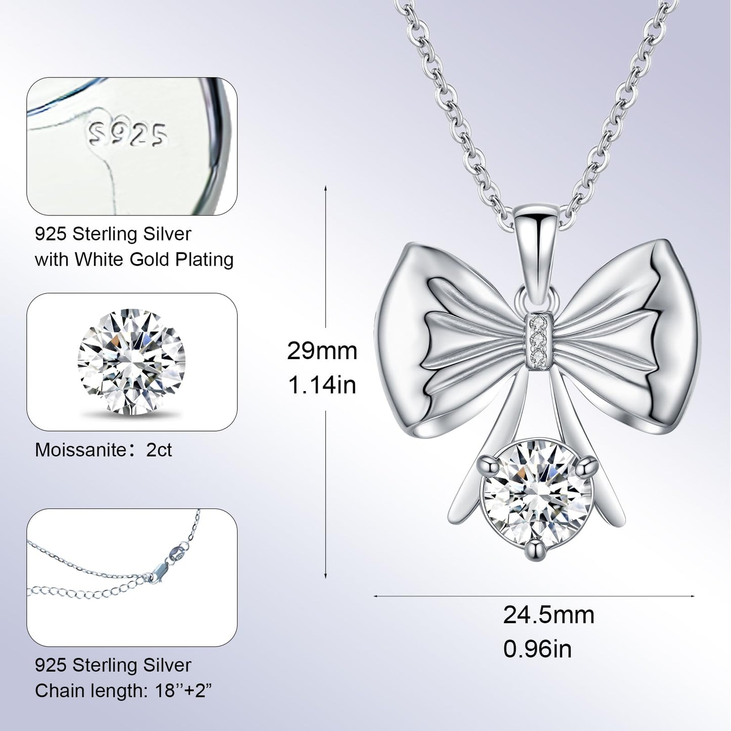 2 Carat Moissanite Necklace 925 Sterling Silver Jewelry AAAAA Cubic Zirconia Ribbon Bow Pendant Necklace Best Gifts for Mom Women Girlfriend Grandma Friend Lover Her Wedding Birthday Anniversary