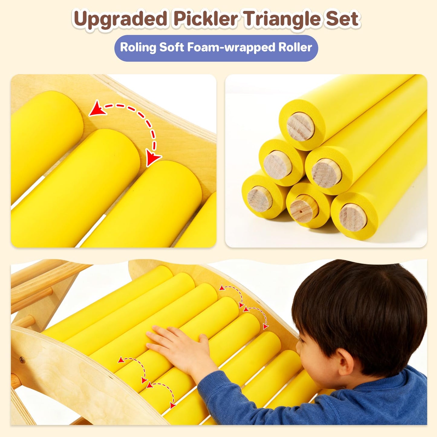 Pikler Triangle Set for Kids, 10 in 1 Toddler Climbing Toys Indoor, Foldable Wooden Montessori Climbing Set, Indoor Playground Baby Jungle Gyms for Kids 1-3 with Arch, Ramp, Ladder and Roller Slide