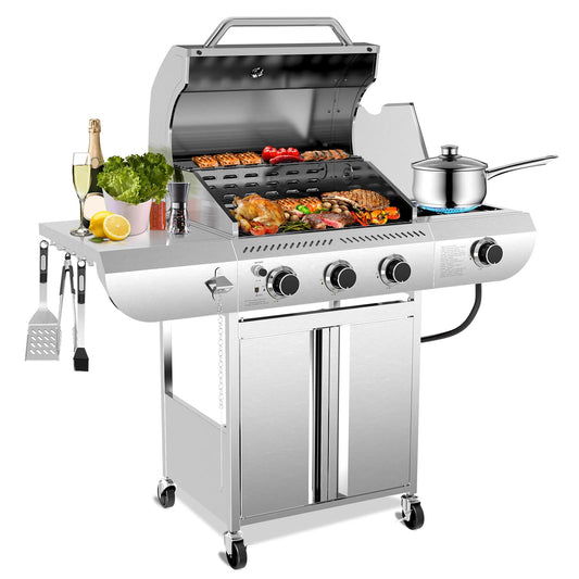 34,000 BTU 3-Burner Propane Gas Grill with Side Burner, All Stainless Steel BBQ Grill, Cast Iron Grates & Portable Cart with Wheels，Outdoor Barbecue Grill for Backyard, Patio, Camping