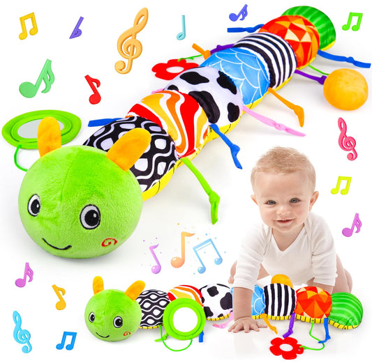 Vpkefla Baby Toys 0 to 12 Months, Stuffed Animal Infant Tummy Time Toys Sensory Toys with Crinkle, Rattles, Textures and Mirror Gifts for Newborn Boy Girls Toddlers, Caterpillar Musical Toy (Green)