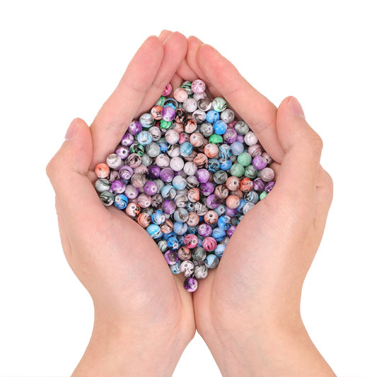 500pcs Craft Beads for Jewelry Making, for Bracelets Making, Space Acrylic Beads in Ink Patterns with 50pcs Spacer Beads and Crystal String (8mm)