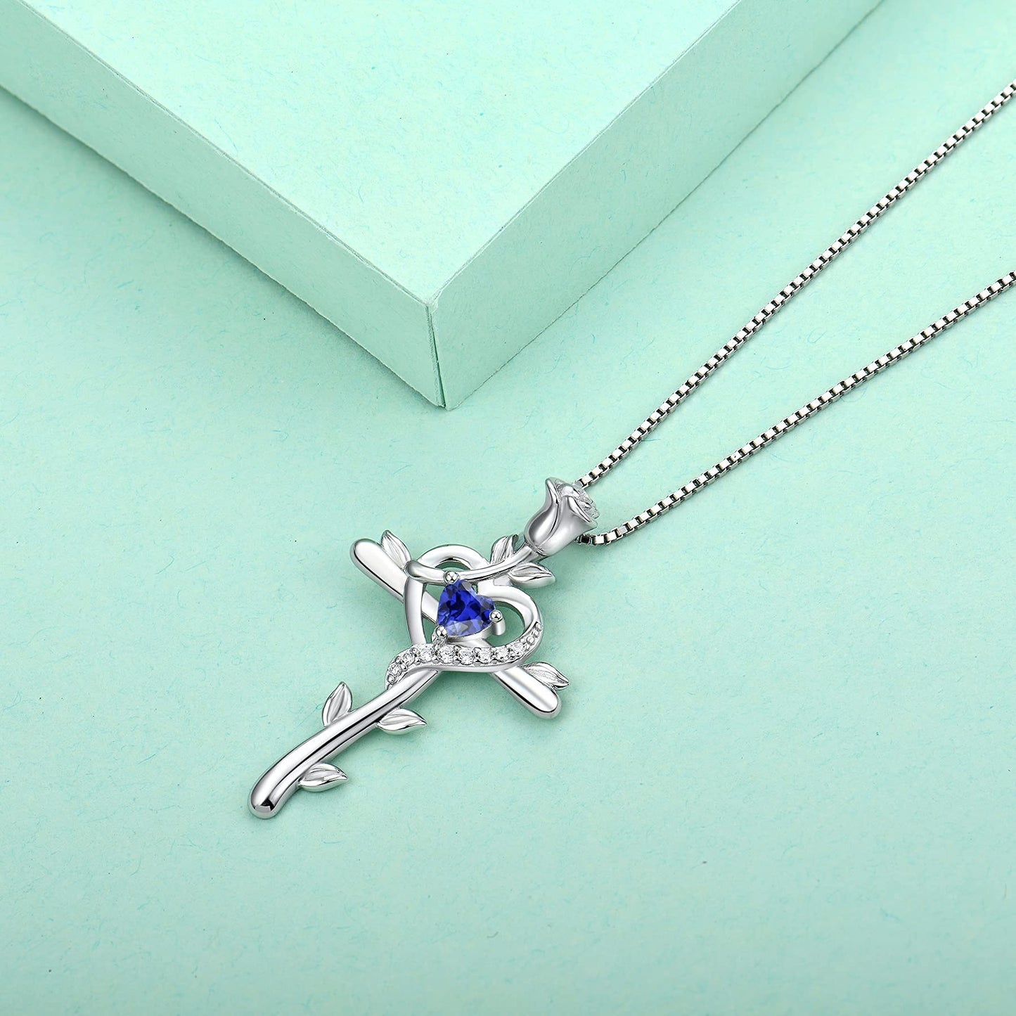 STARCHENIE Rose Cross Necklace 925 Sterling Silver Heart Crucifix Pendant Created Tanzanite Jewelry for Women